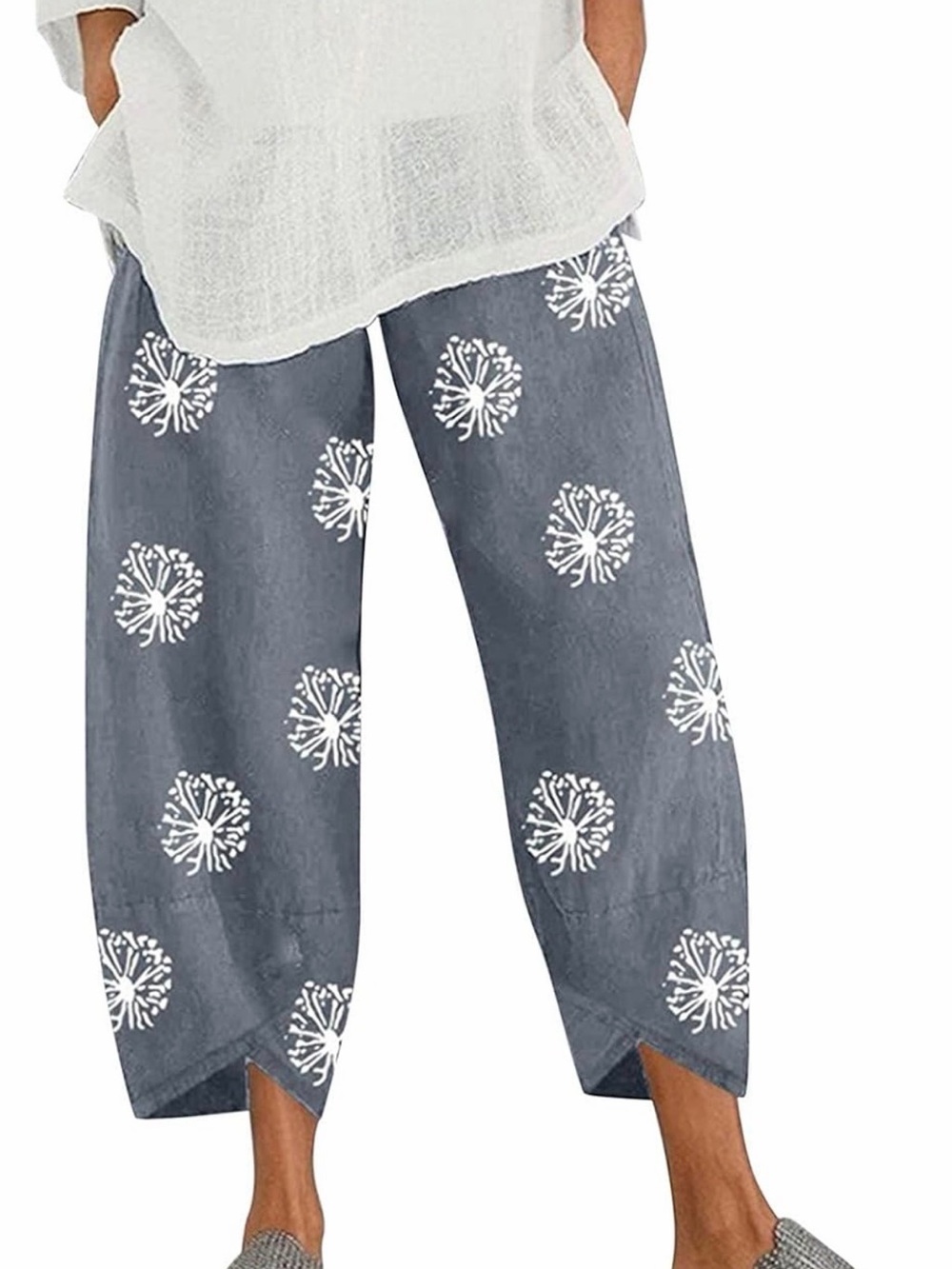 Womens Cotton Linen Capri Pants Casual Elastic Printed Ankle Pants